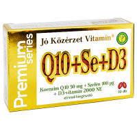 Jó Közérzet Vitamin® Q10+Se+D3, Koenzim Q10 50 mg + Szelén 100 µg + D3-vitamin 2000 NE A Q10+Se+D3 termékben található Koenzim-Q10 segíti a sejtjeink - és így az egész szervezetünk - energiával való ellátását.  Ez az anyag minden egyes sejtünkben ott van, segítségével alakulnak át a tápanyagok ATP-vé (adenozin-trifoszfát), azaz energiahordozóvá.  Ha a sejtnek energiára van szüksége, elsősorban az ATP lebontásával jut hozzá. A Koenzim-Q10 egyrészt a májban termelődik, másrészt a bevitt táplálékkal juttatjuk be szervezetünkbe.  Fontos tudni, hogy a testünkben termelődő Koenzim-Q10 termelése a kor előrehaladtával (30-35 éves kortól) csökken. 
